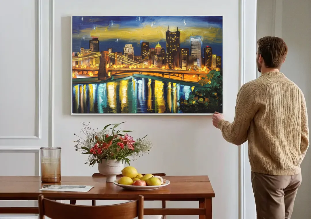 Pittsburgh Skyline With Rivers canvas wall art above a dining table