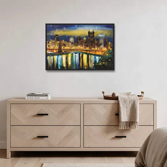 Pittsburgh Skyline With Rivers - Black Framed Canvas Wall Art - Coffee Table - 36x24