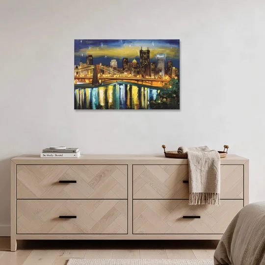 Pittsburgh Skyline With Rivers - Canvas Wall Art - Coffee Table - 36x24