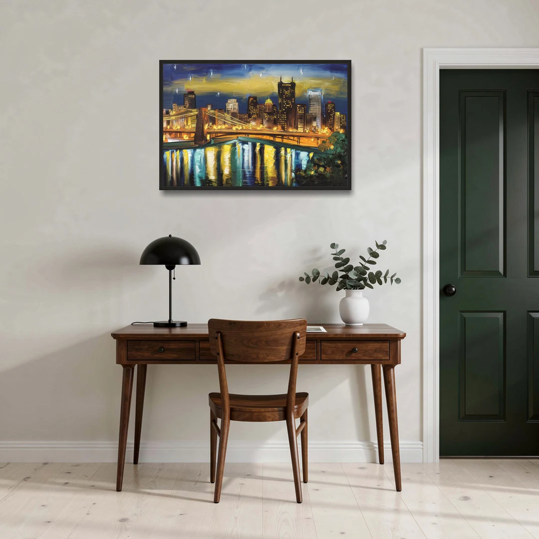 Pittsburgh Skyline With Rivers - Black Framed Canvas Wall Art - Office - 36x24