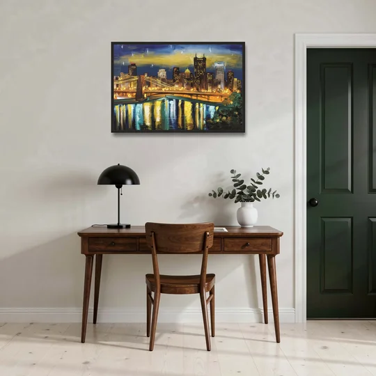 Pittsburgh Skyline With Rivers - Black Framed Canvas Wall Art - Office - 36x24