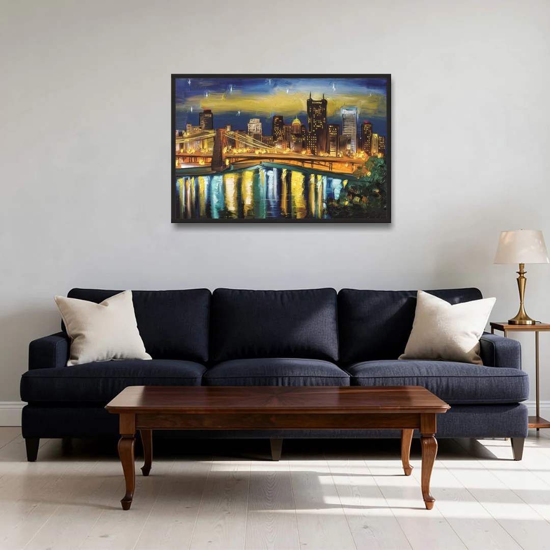 Pittsburgh Skyline With Rivers - Black Framed Canvas Wall Art - Sofa - 36x24