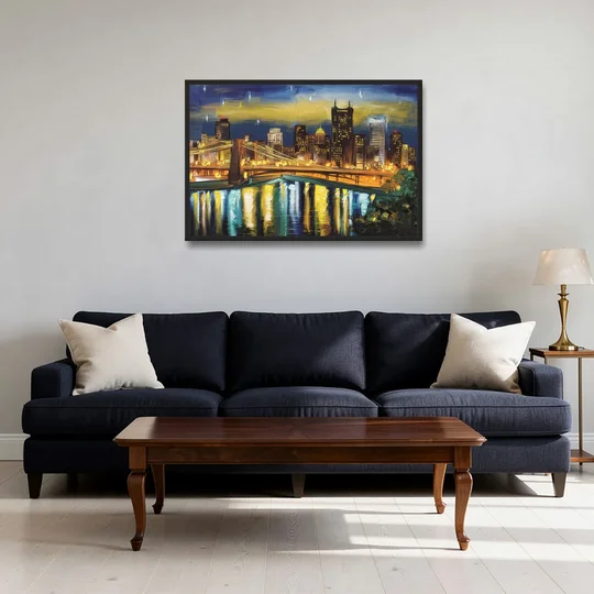 Pittsburgh Skyline With Rivers - Black Framed Canvas Wall Art - Sofa - 36x24