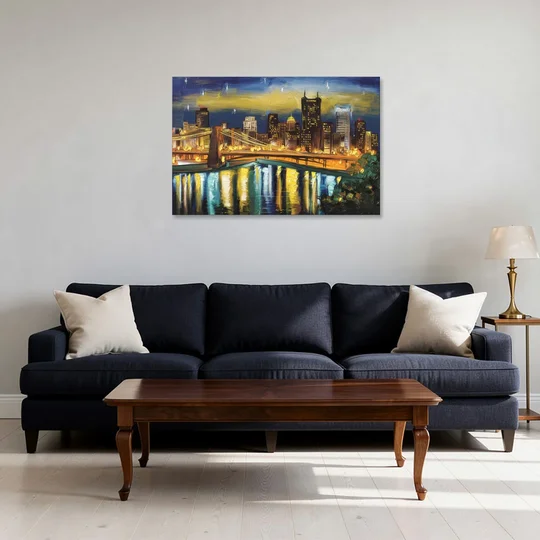 Pittsburgh Skyline With Rivers - Canvas Wall Art - Sofa - 36x24