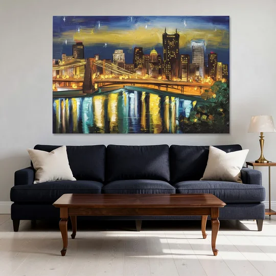 Pittsburgh Skyline With Rivers - Canvas Wall Art - Sofa - 60x40