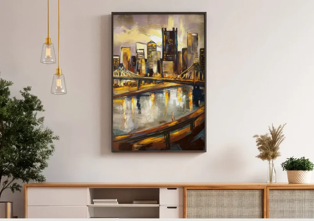 Pittsburgh Steel City Vibes canvas wall art above a wooden sideboard under pendant lights