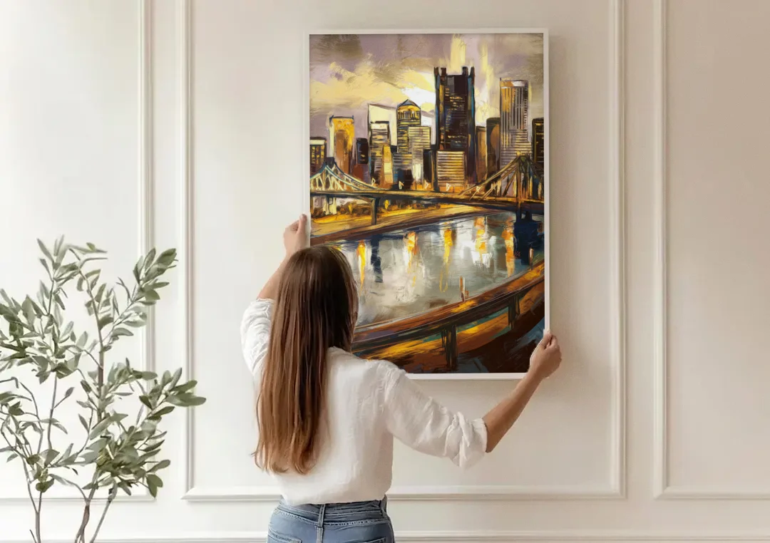 Pittsburgh Steel City Vibes canvas wall art being hung on a paneled wall
