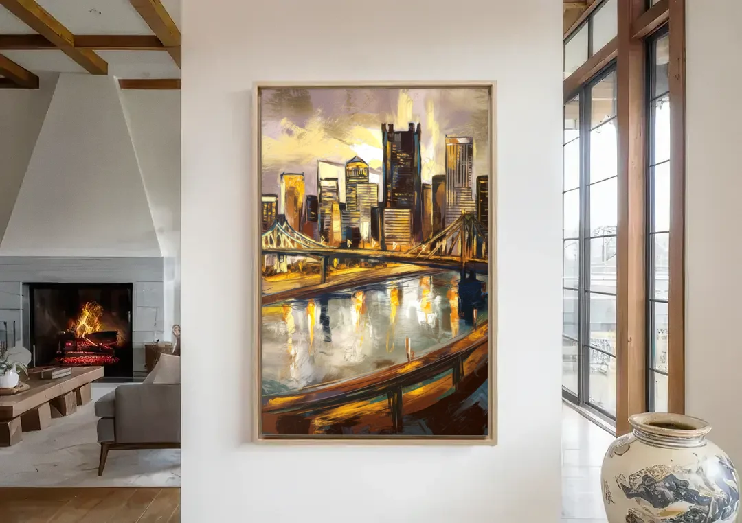 Pittsburgh Steel City Vibes canvas wall art in a living room with a fireplace