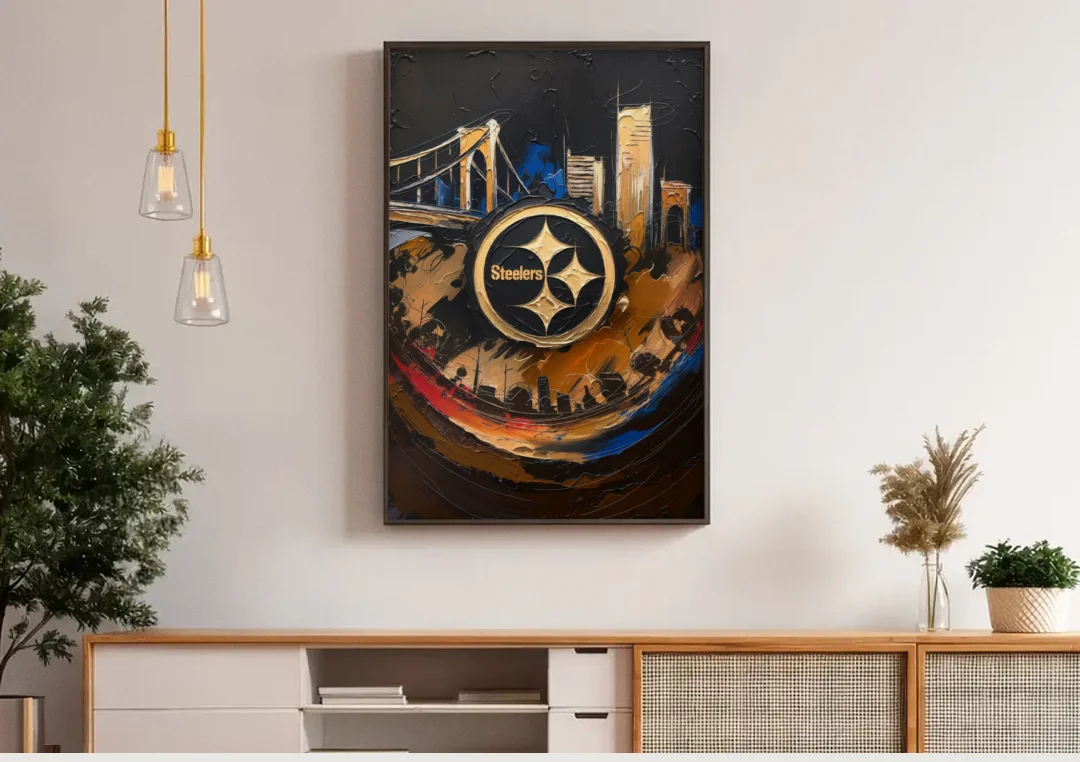 Pittsburgh Steelers Fan Pride canvas wall art above a wooden sideboard under pendant lights