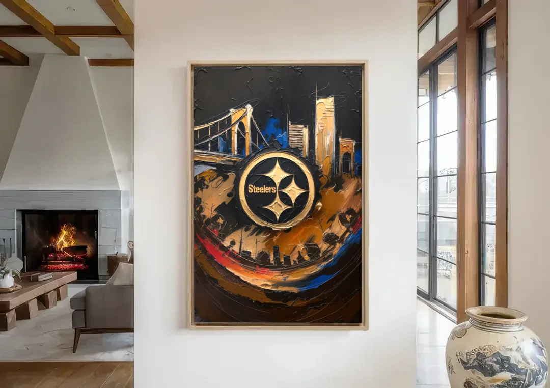 Pittsburgh Steelers Fan Pride canvas wall art in a living room with a fireplace