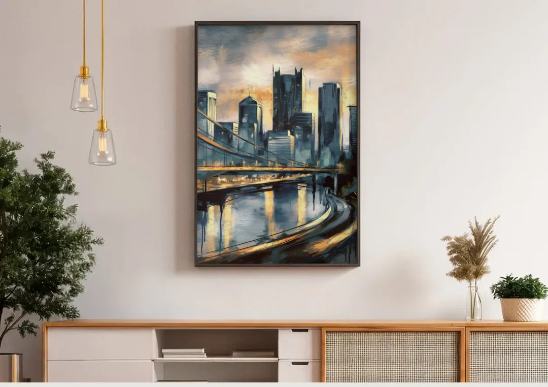 Pittsburgh Urban Aesthetic canvas wall art above a wooden sideboard under pendant lights