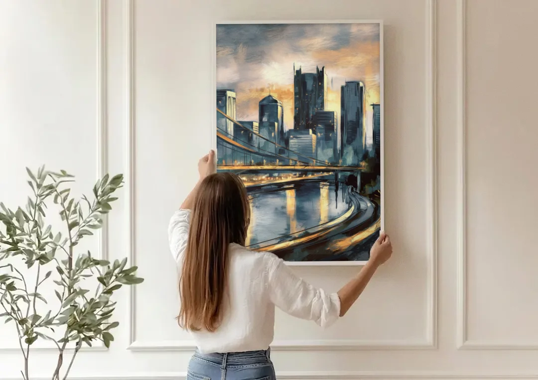Pittsburgh Urban Aesthetic canvas wall art being hung on a paneled wall