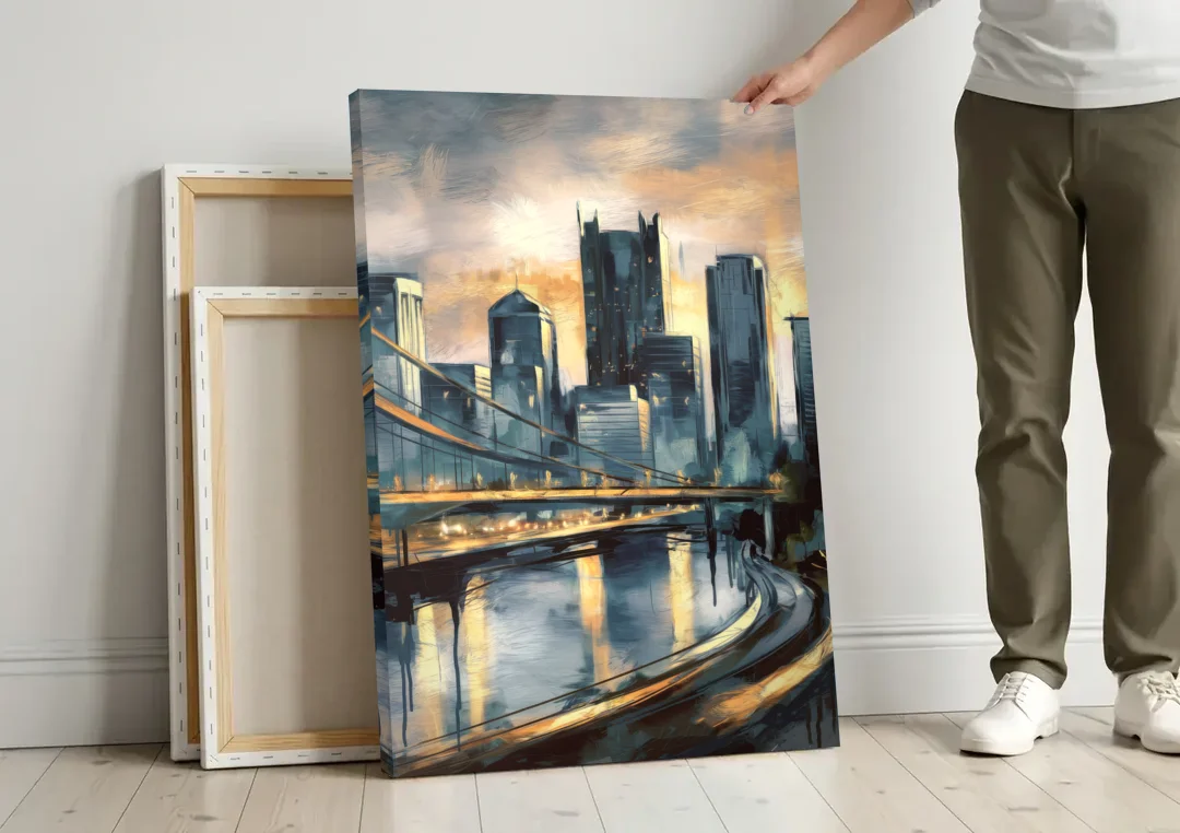 Pittsburgh Urban Aesthetic canvas wall art leaning against a wall next to blank canvases