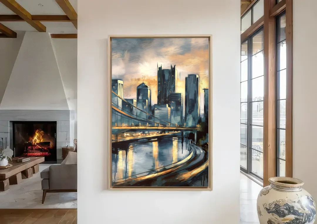 Pittsburgh Urban Aesthetic canvas wall art in a living room with a fireplace