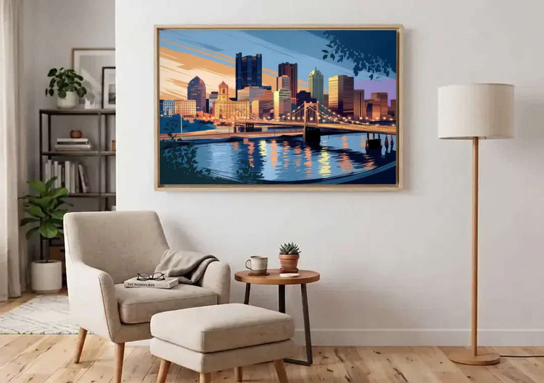 Pittsburgh Urban Aesthetic View canvas wall art above an armchair in a bright living room