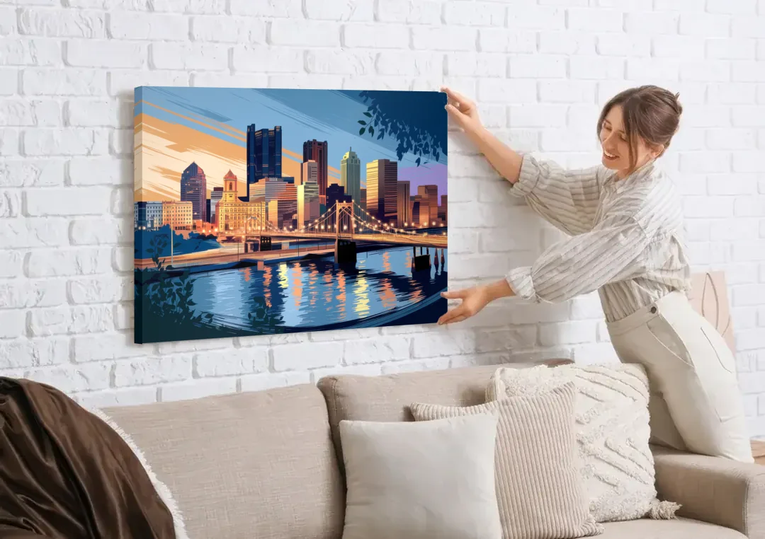Pittsburgh Urban Aesthetic View canvas wall art being hung on a white brick wall above a sofa