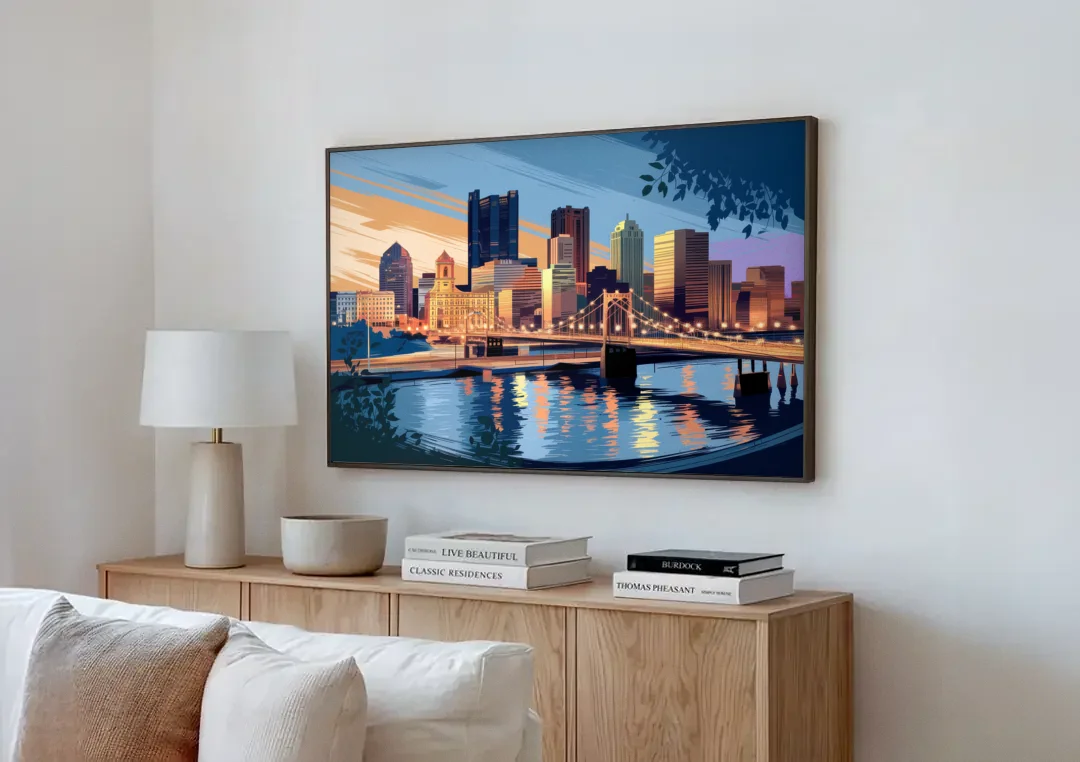 Pittsburgh Urban Aesthetic View canvas wall art above a wooden sideboard next to a sofa