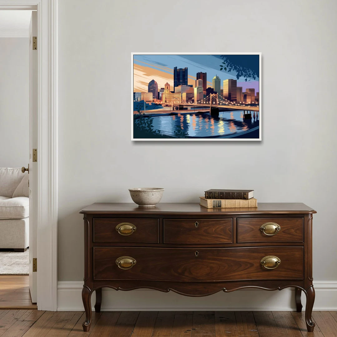 Pittsburgh Urban Aesthetic View - White Framed Canvas Wall Art - Coffee Table - 36x24