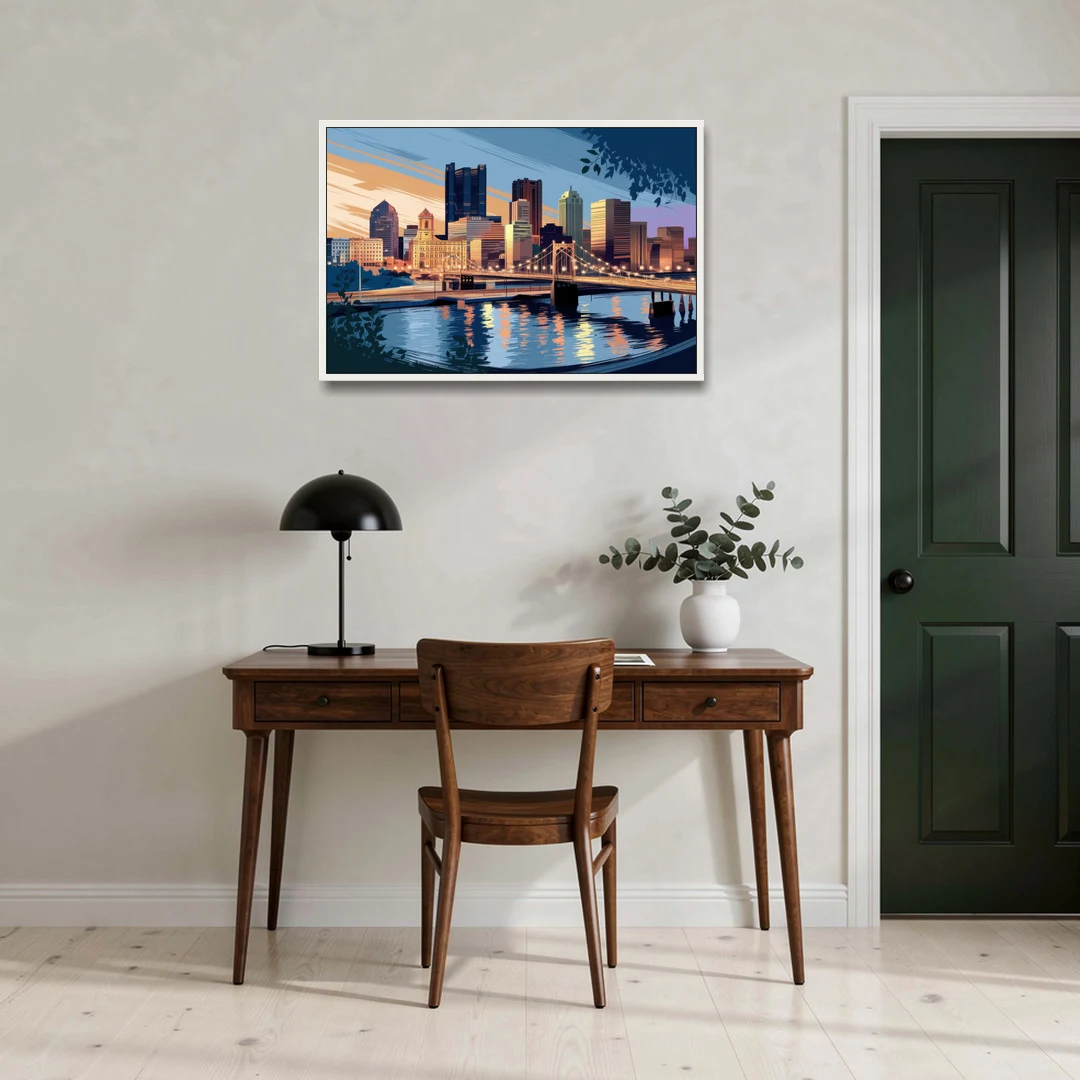 Pittsburgh Urban Aesthetic View - White Framed Canvas Wall Art - Office - 36x24