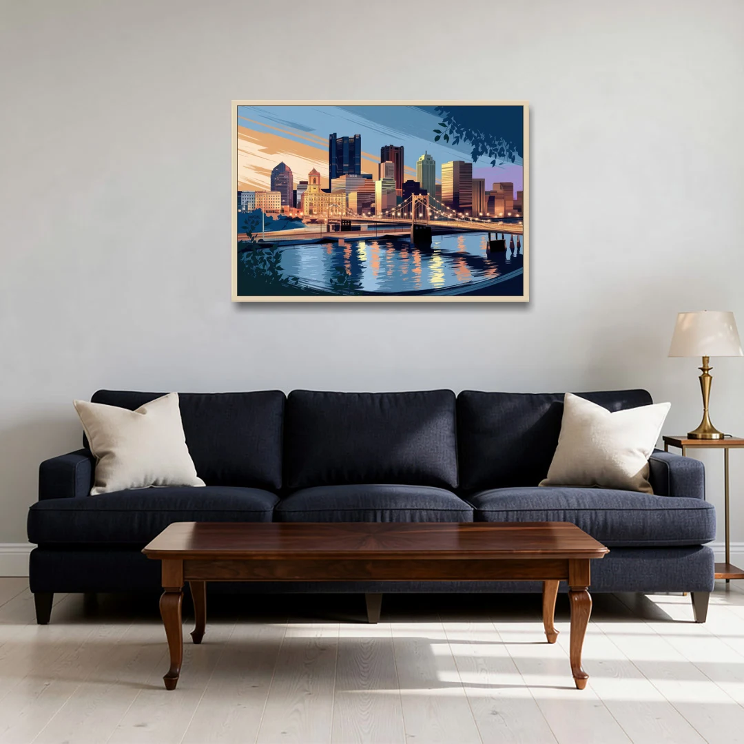 Pittsburgh Urban Aesthetic View - Oak Framed Canvas Wall Art - Sofa - 36x24