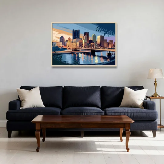 Pittsburgh Urban Aesthetic View - Oak Framed Canvas Wall Art - Sofa - 36x24