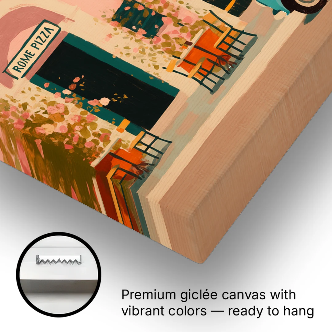 Pizza Art of a Pink Roman Pizzeria - Canvas Wall Art - Gallery Wrap Corner