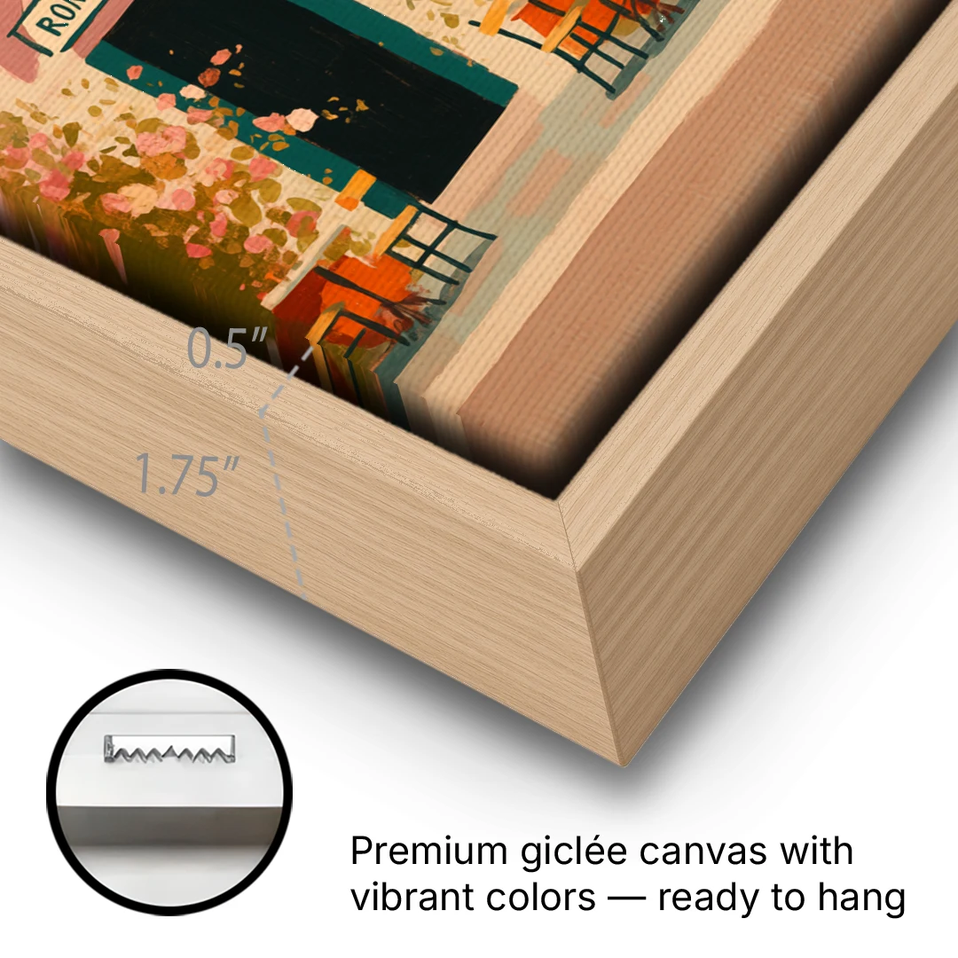 Pizza Art of a Pink Roman Pizzeria - Oak Framed Canvas Wall Art - Gallery Wrap Corner