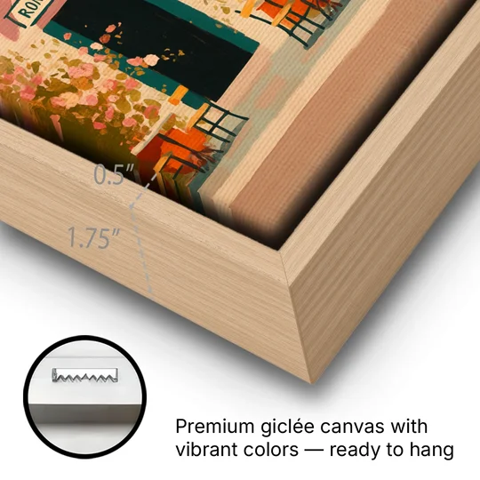 Pizza Art of a Pink Roman Pizzeria - Oak Framed Canvas Wall Art - Gallery Wrap Corner