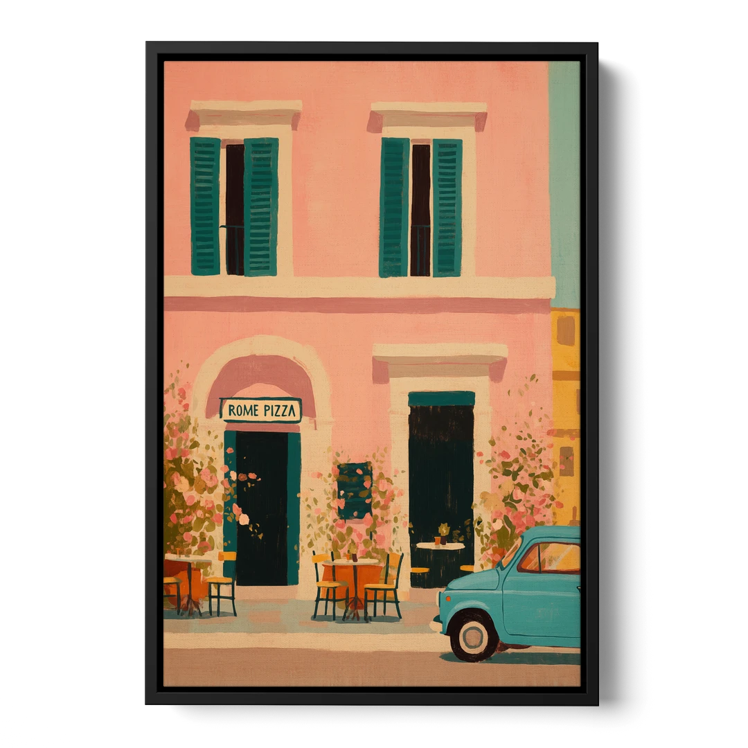 Pizza Art of a Pink Roman Pizzeria - Black Framed Canvas Wall Art - Front