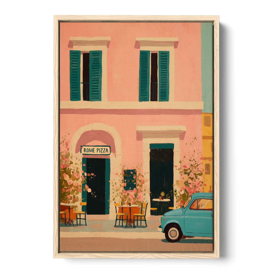 Pizza Art of a Pink Roman Pizzeria - Oak Framed Canvas Wall Art - Front
