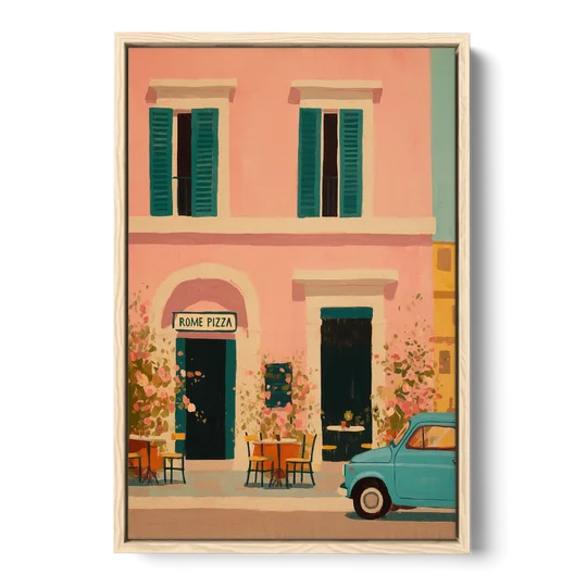 Pizza Art of a Pink Roman Pizzeria - Oak Framed Canvas Wall Art - Front