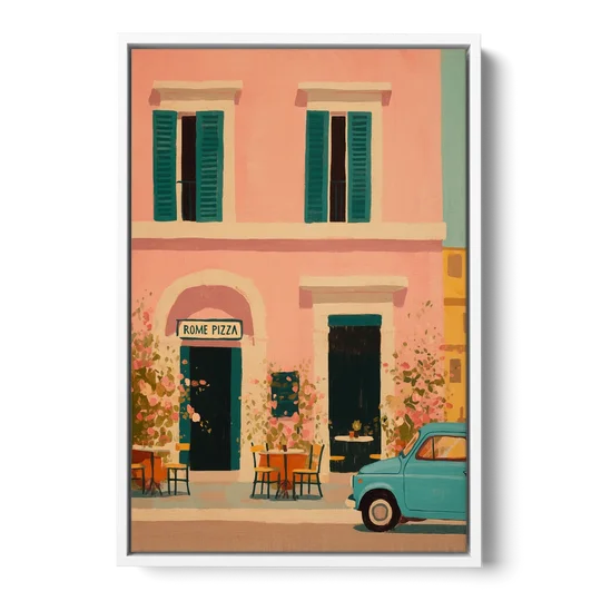 Pizza Art of a Pink Roman Pizzeria - White Framed Canvas Wall Art - Front