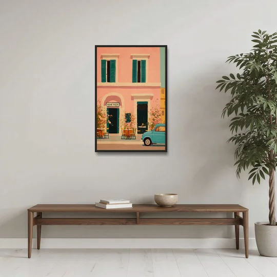 Pizza Art of a Pink Roman Pizzeria - Black Framed Canvas Wall Art - Coffee Table - 24x36