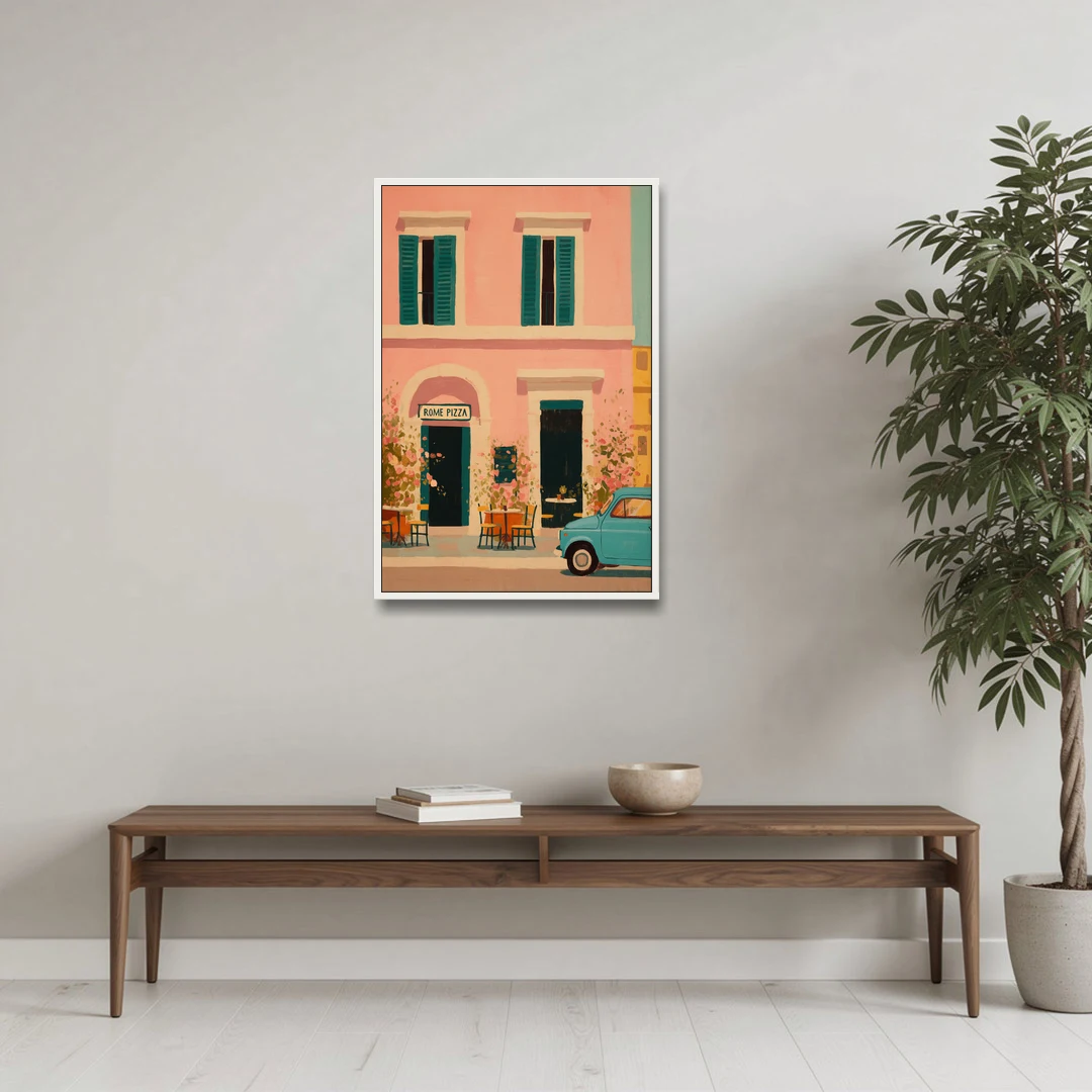 Pizza Art of a Pink Roman Pizzeria - White Framed Canvas Wall Art - Coffee Table - 24x36
