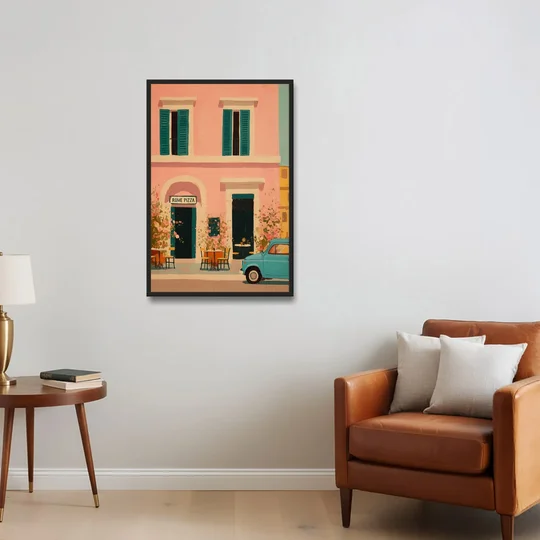 Pizza Art of a Pink Roman Pizzeria - Black Framed Canvas Wall Art - Sofa - 24x36