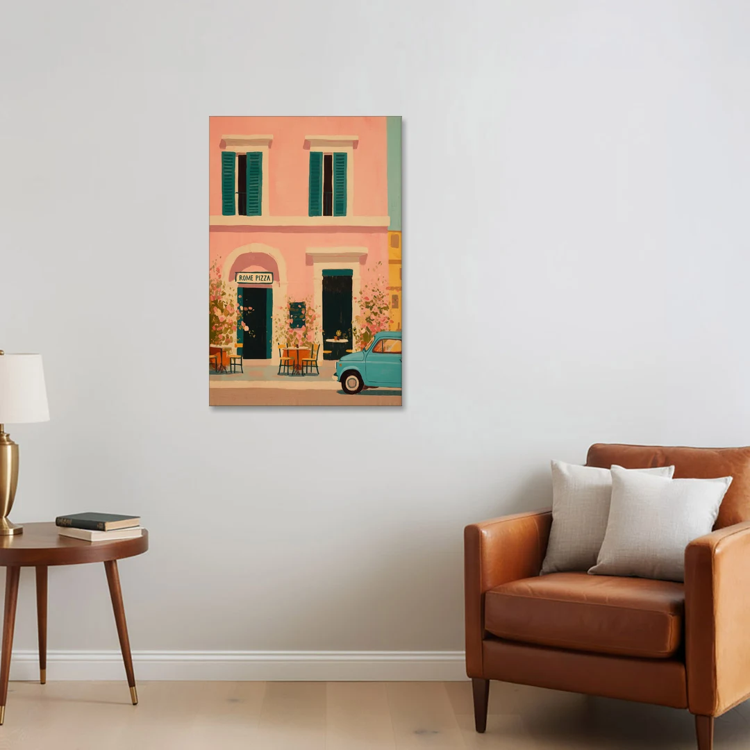 Pizza Art of a Pink Roman Pizzeria - Canvas Wall Art - Sofa - 24x36