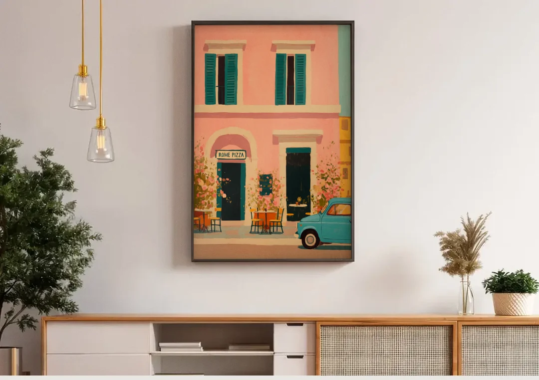 Pizza Art of a Pink Roman Pizzeria canvas wall art above a wooden sideboard under pendant lights