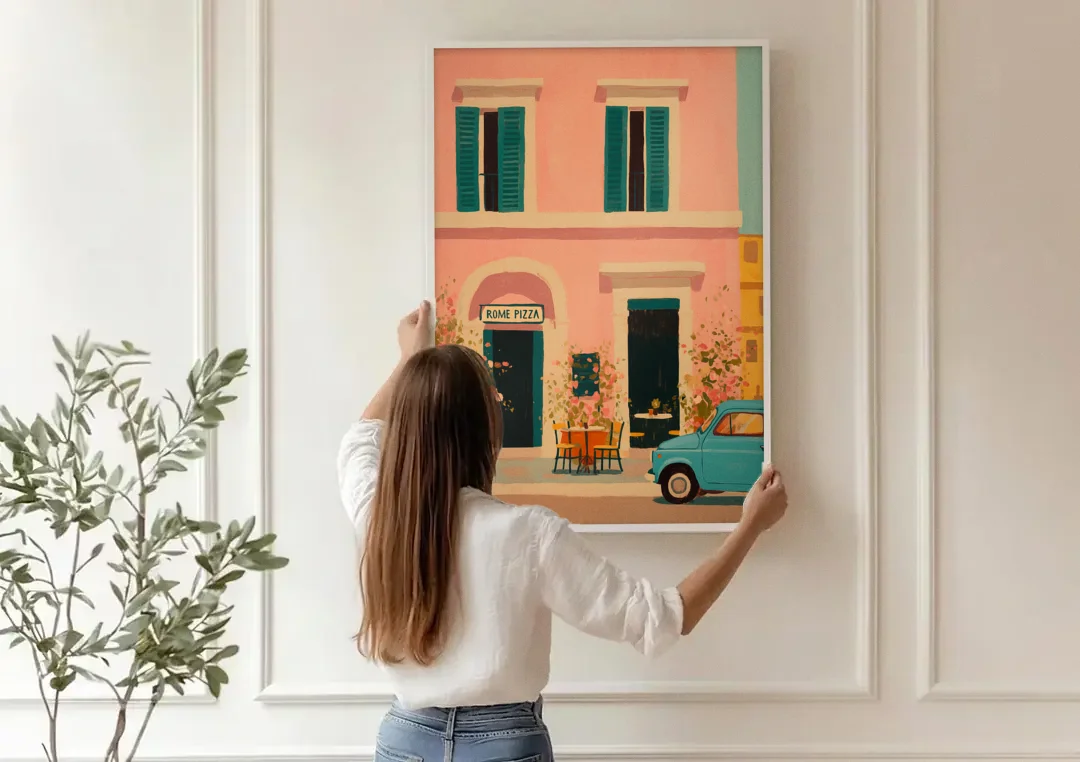 Pizza Art of a Pink Roman Pizzeria canvas wall art being hung on a paneled wall