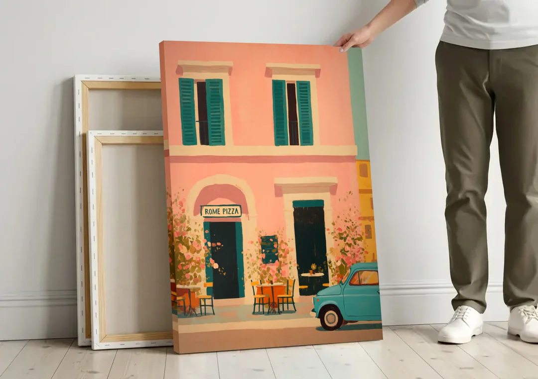 Pizza Art of a Pink Roman Pizzeria canvas wall art leaning against a wall next to blank canvases