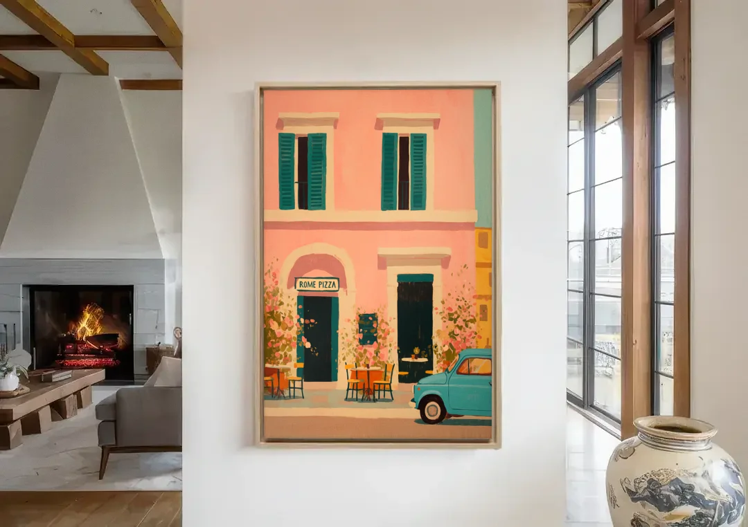 Pizza Art of a Pink Roman Pizzeria canvas wall art in a living room with a fireplace