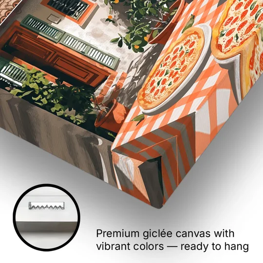 Pizza Painting Under an Orange Tree - Canvas Wall Art - Gallery Wrap Corner