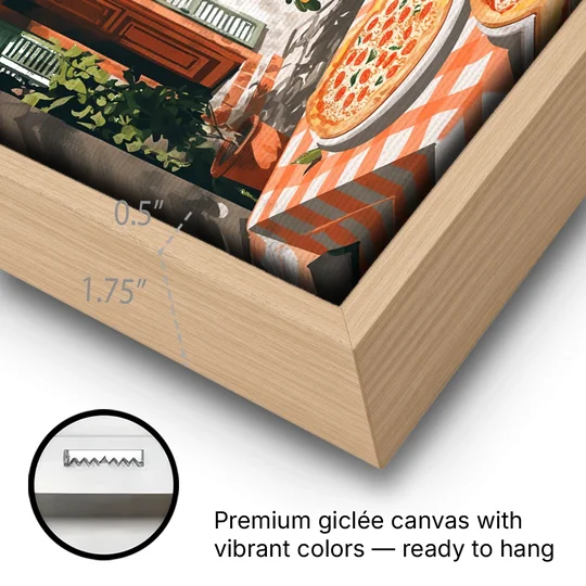 Pizza Painting Under an Orange Tree - Oak Framed Canvas Wall Art - Gallery Wrap Corner