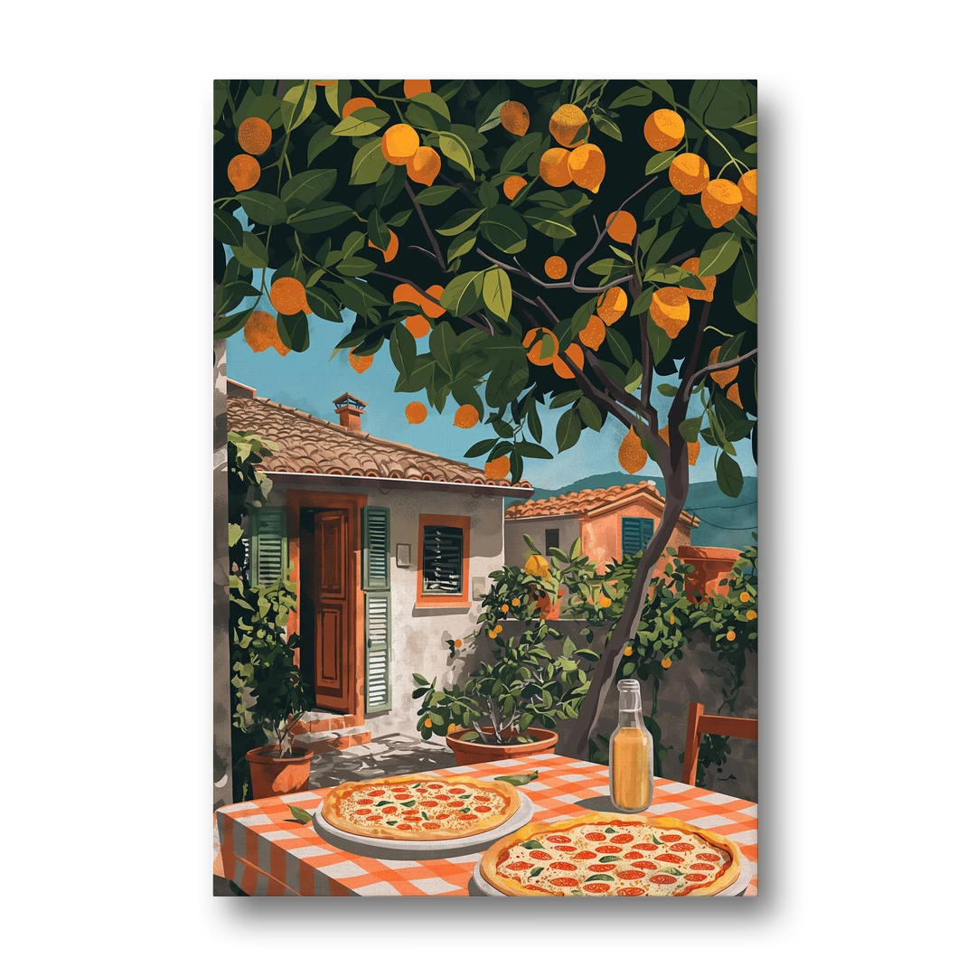 Pizza Painting Under an Orange Tree - Canvas Wall Art - Front