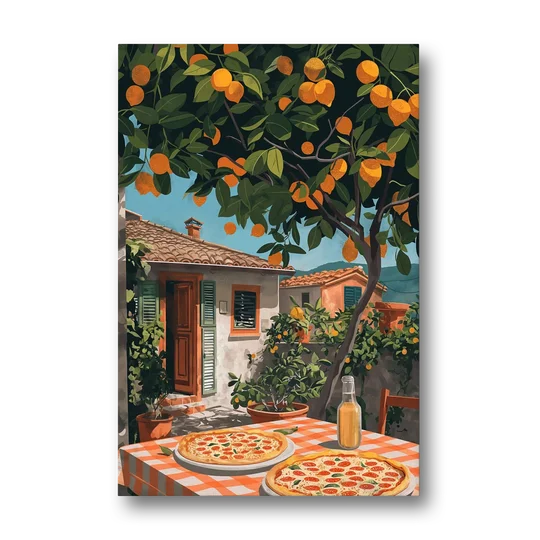Pizza Painting Under an Orange Tree - Canvas Wall Art - Front
