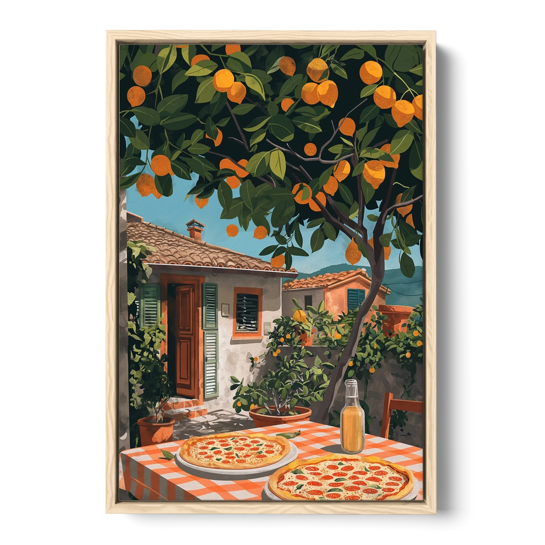 Pizza Painting Under an Orange Tree - Oak Framed Canvas Wall Art - Front