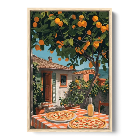 Pizza Painting Under an Orange Tree - Oak Framed Canvas Wall Art - Front