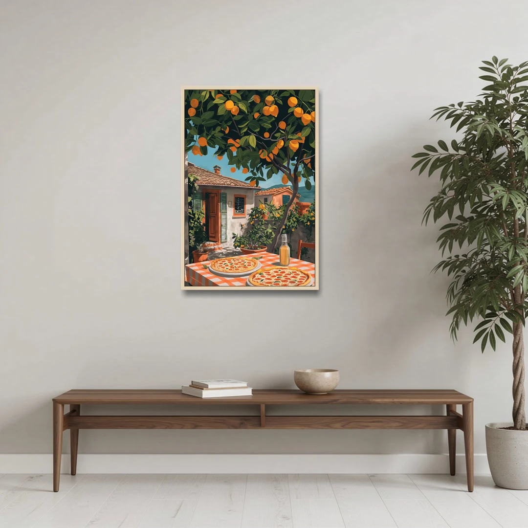 Pizza Painting Under an Orange Tree - Oak Framed Canvas Wall Art - Coffee Table - 24x36