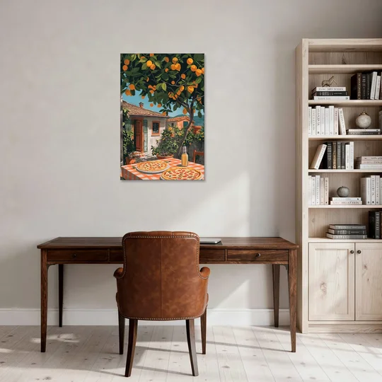 Pizza Painting Under an Orange Tree - Canvas Wall Art - Office - 24x36
