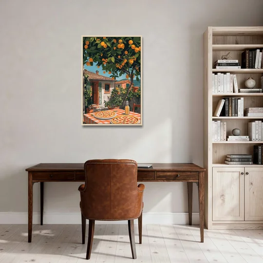Pizza Painting Under an Orange Tree - Oak Framed Canvas Wall Art - Office - 24x36