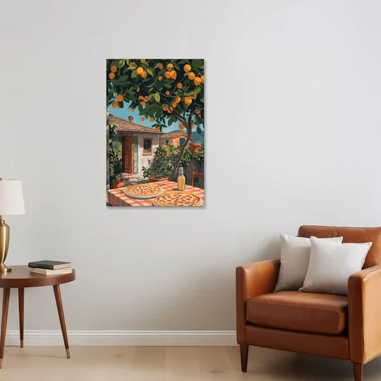 Pizza Painting Under an Orange Tree - Canvas Wall Art - Sofa - 24x36